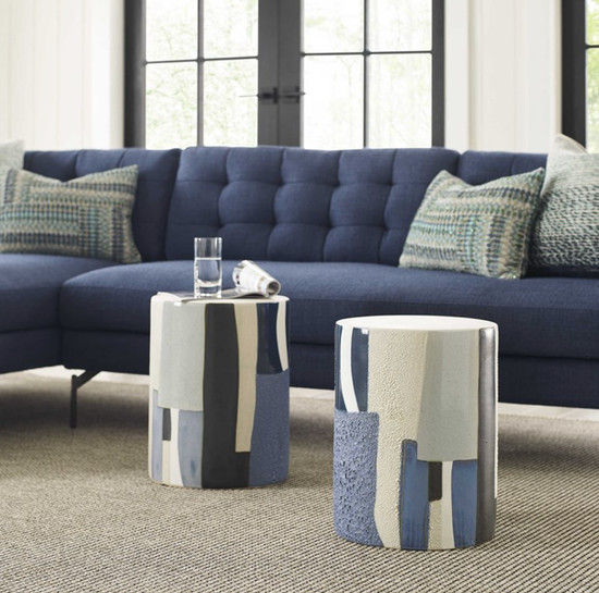 BLUE ABSTRACT CERAMIC STOOL/SIDE TABLE