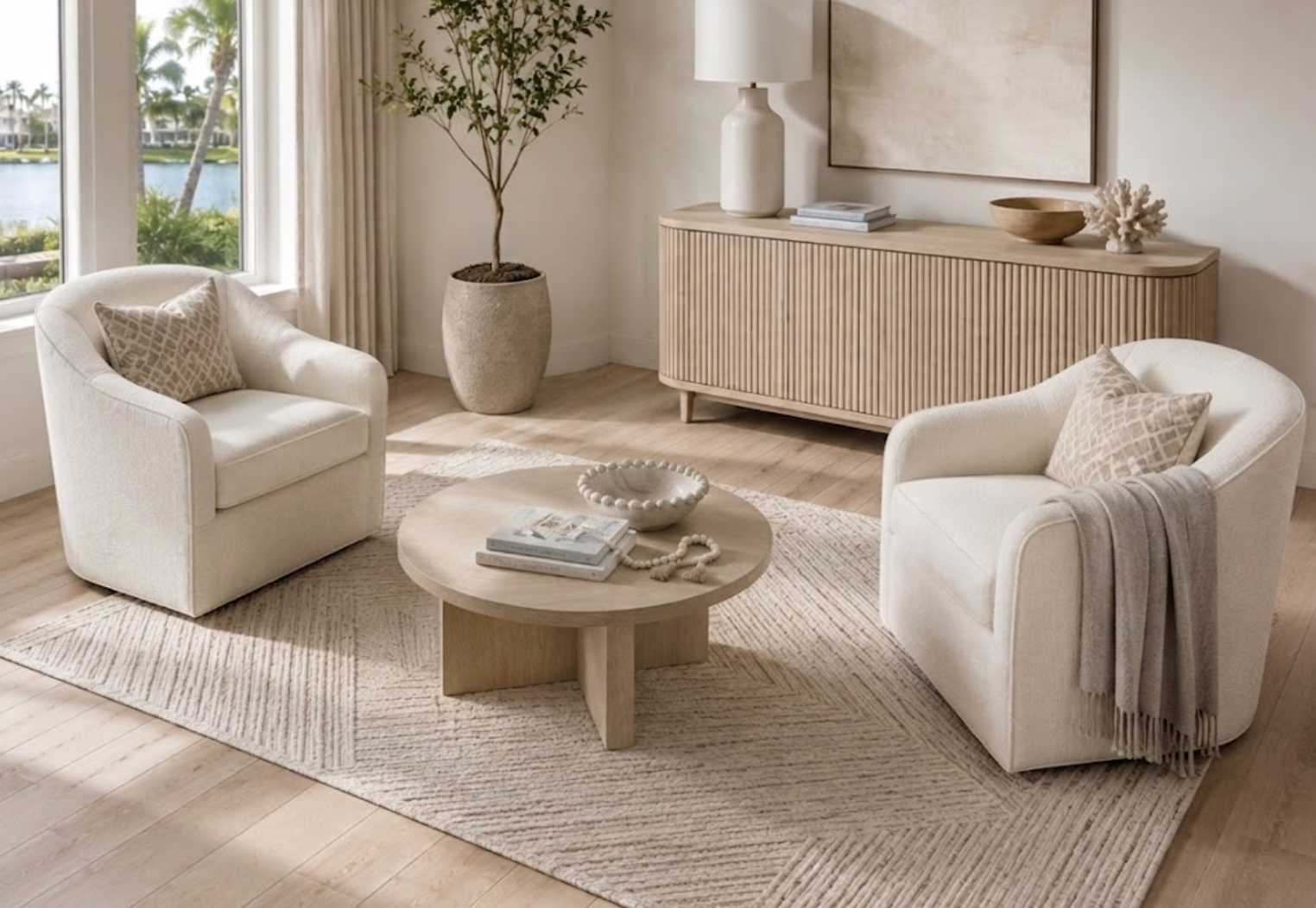 BEIGE PATTERNED WOOL RUG - 5' X 8'