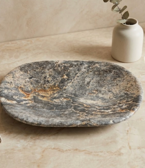 GREY OVAL TRAVERTINE SOAP DISH - 4"x6"
