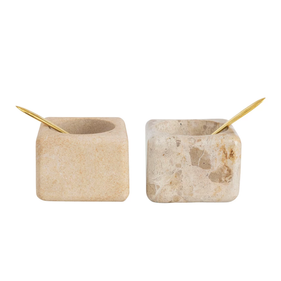 MARBLE AND SANDSTONE SALT CELLARS WITH BRASS SPOONS - SET OF 2