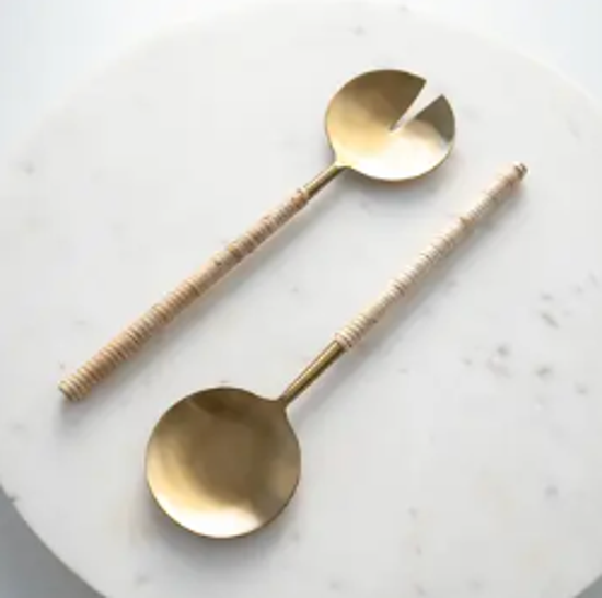 RATTAN & BRASS SERVING SPOONS - SET OF 2